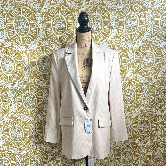 NWT MNG Mango Pinstripe Long Sleeve Single-Breasted Suit Blazer in Beige size L - Picture 9 of 16